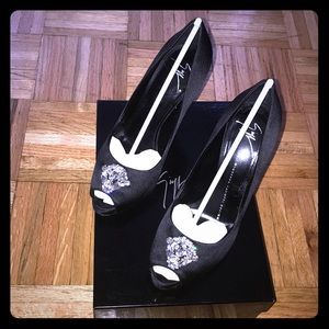 Black Satin Peep Toe Heels with Crystals